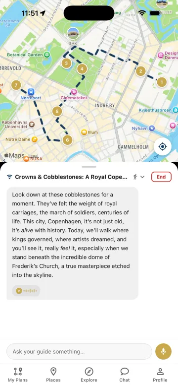Active walking tour with route on the map and the guide's narration
