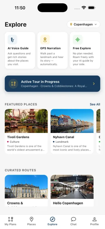 Guidude explore screen for Copenhagen with featured places and curated routes