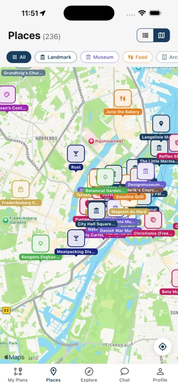 Map of Copenhagen with points of interest by category