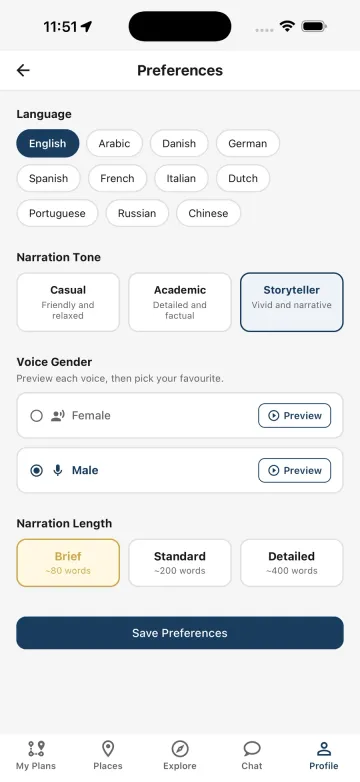 Preferences for language, narration tone, voice and length